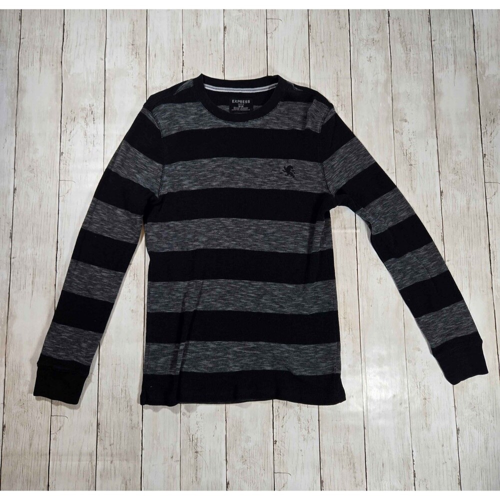 Express Mens Waffle Knit Thermal Shirt M Black Gray Striped Long Sleeve Logo